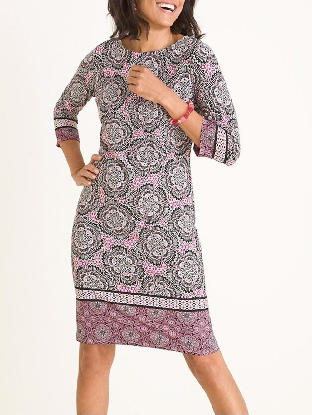 Chico's Pink and Black Printed Midi Sheath Dress
